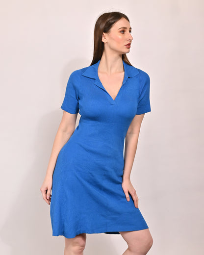 Cotton Shirt Collar with Short Sleeve Bodycon Mini Blue Dress