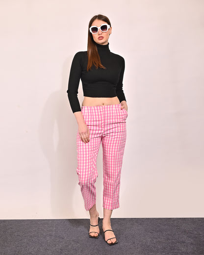 Polyester Ankle Length Pink Pants/Trouser Styled with Side Pockets