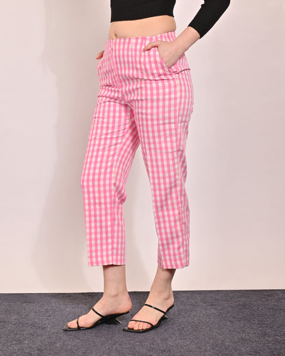 Polyester Ankle Length Pink Pants/Trouser Styled with Side Pockets