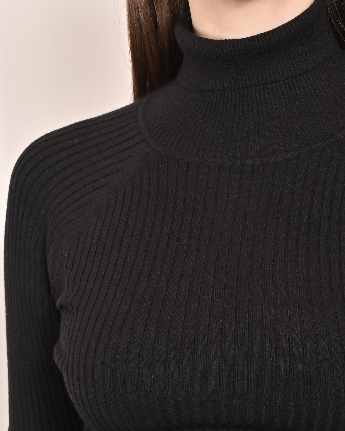 Viscose Full Sleeve with High-Neck Ribbed Black Sweater