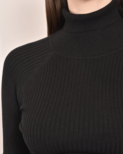 Viscose Full Sleeve with High-Neck Ribbed Black Sweater