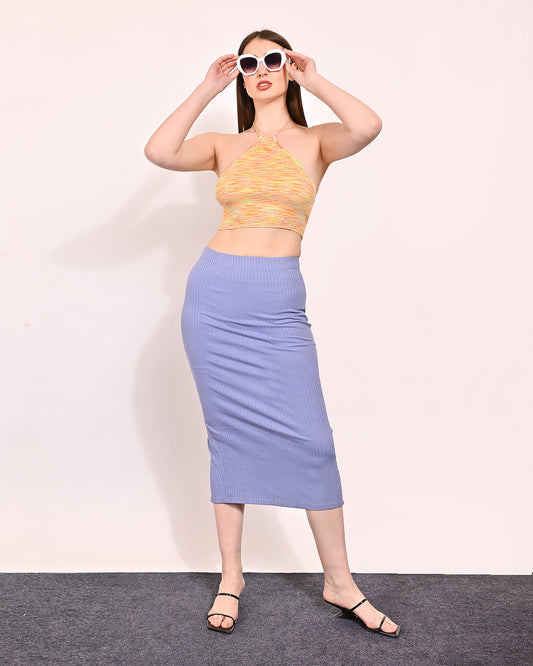 Viscose Pencil Skirt Slit Back Solid Midi Light Blue Skirts