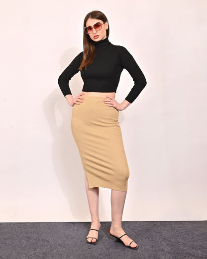 Viscose Pencil Skirt Slit Back Solid Midi Golden Skirts