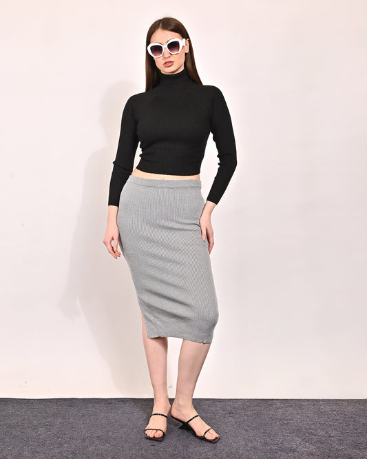 Viscose Pencil Skirt Slit Back Solid Midi Grey Skirts