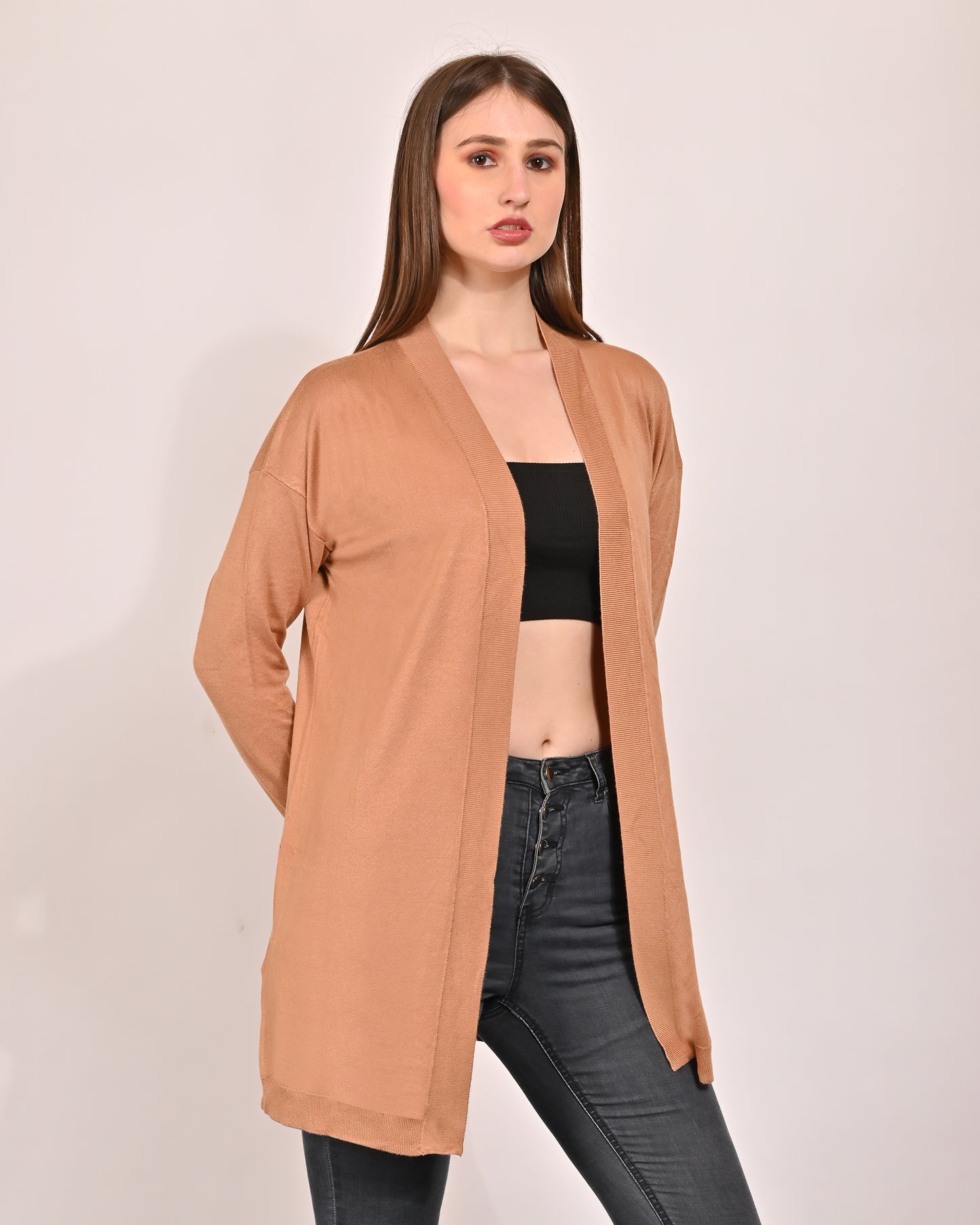 Viscose Full Sleeve Front Open Brown Shrug