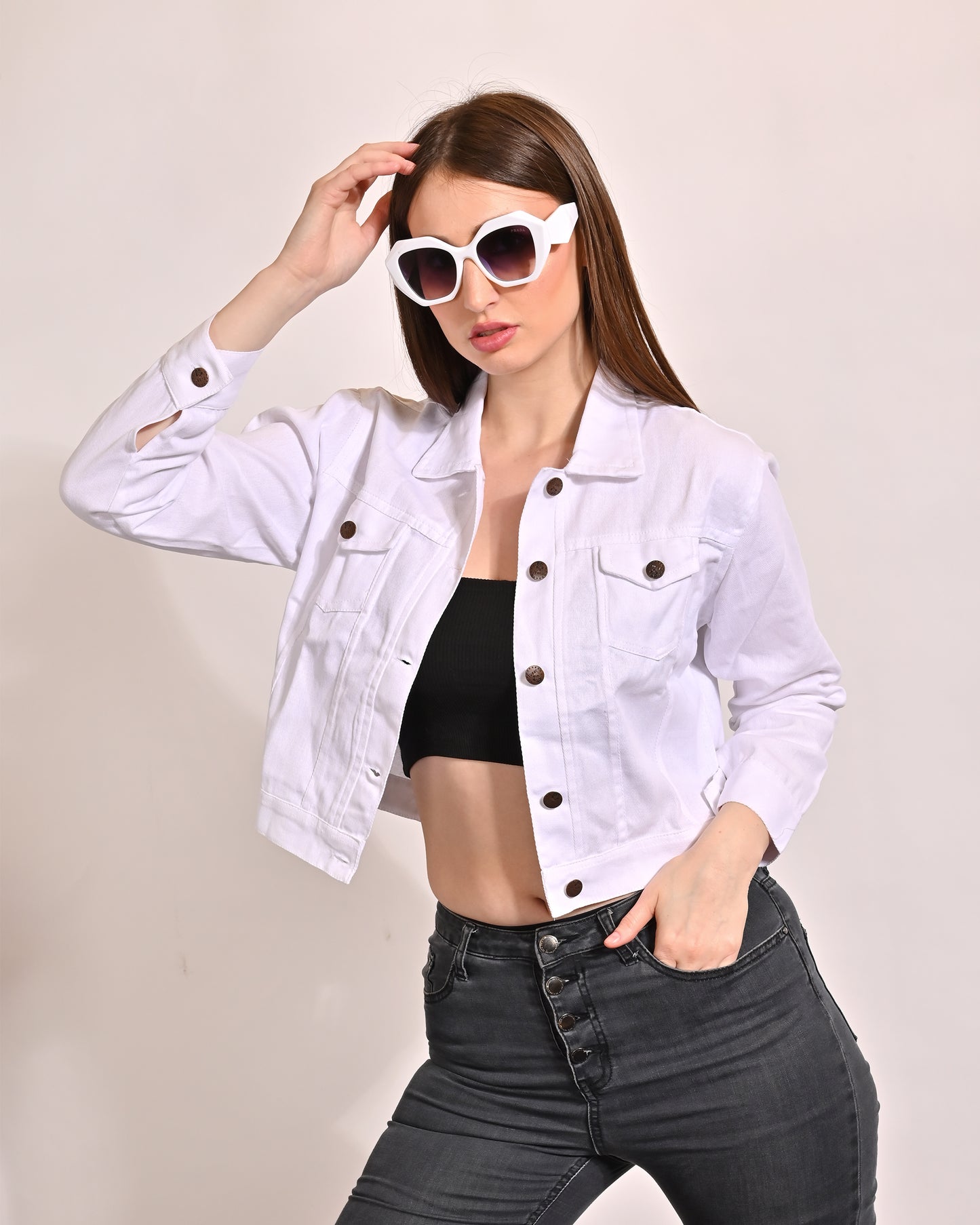 Denim Full Sleeve with shirt collar Biker with Patch Pockets white jacket