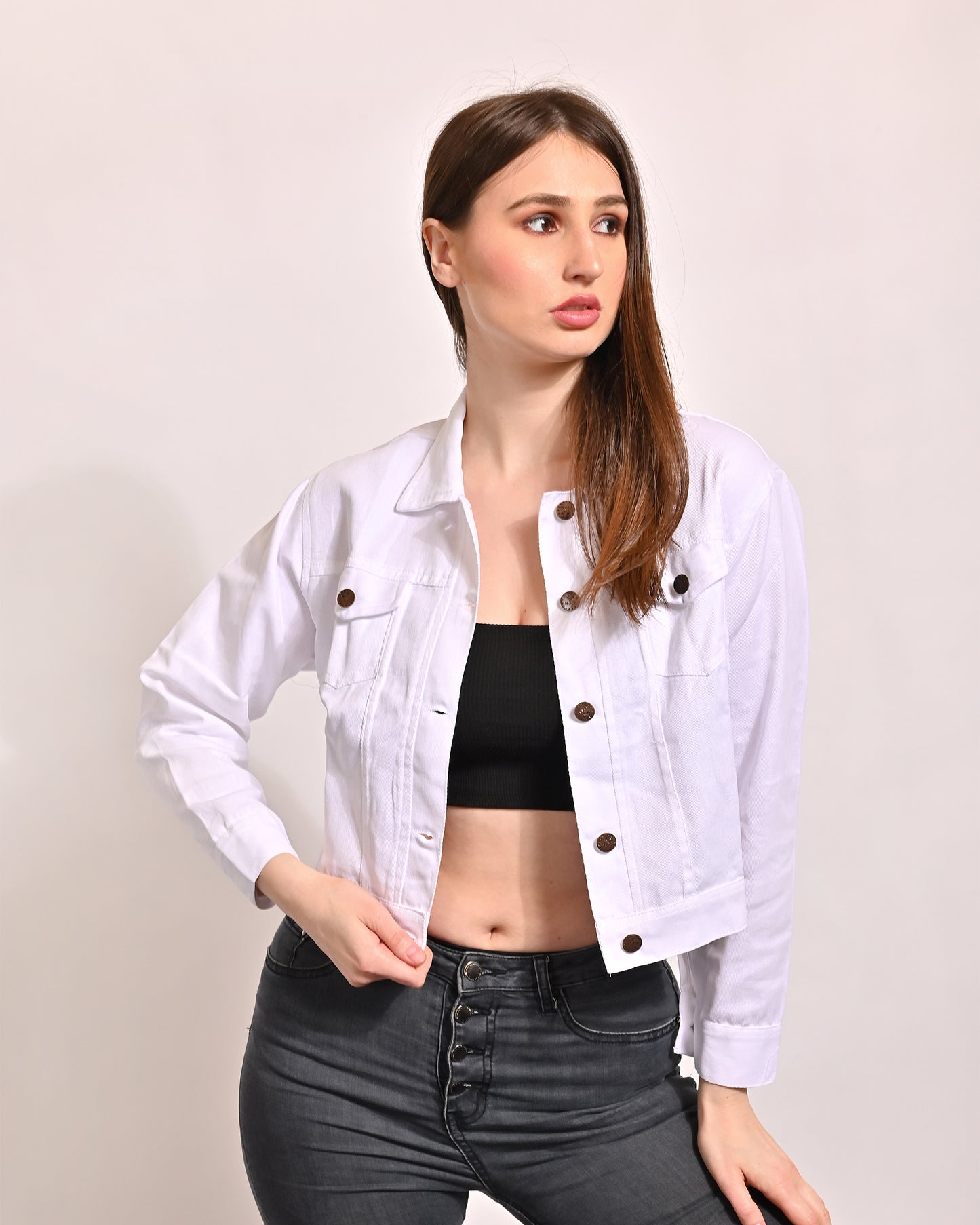 Denim Full Sleeve with shirt collar Biker with Patch Pockets white jacket