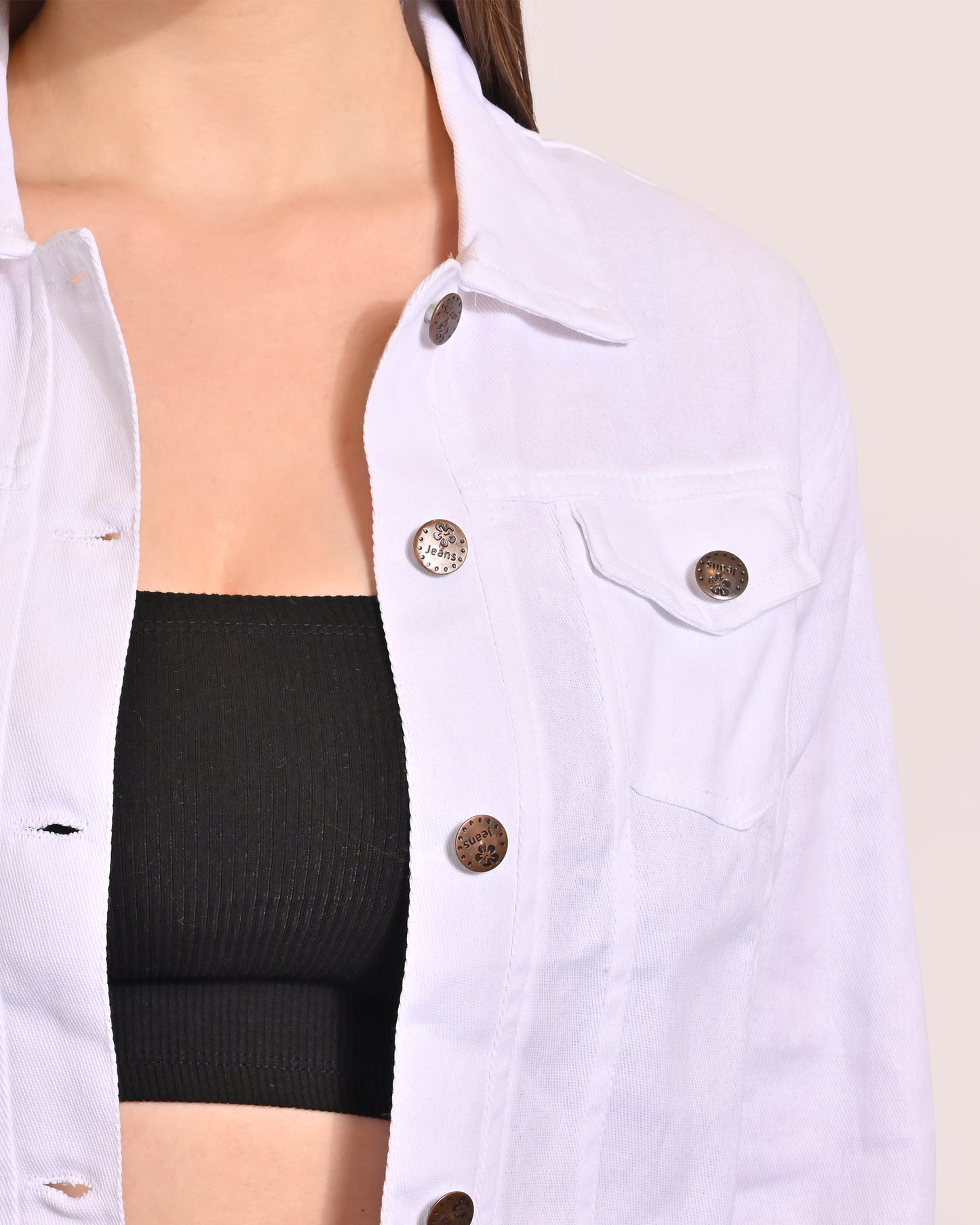 Denim Full Sleeve with shirt collar Biker with Patch Pockets white jacket