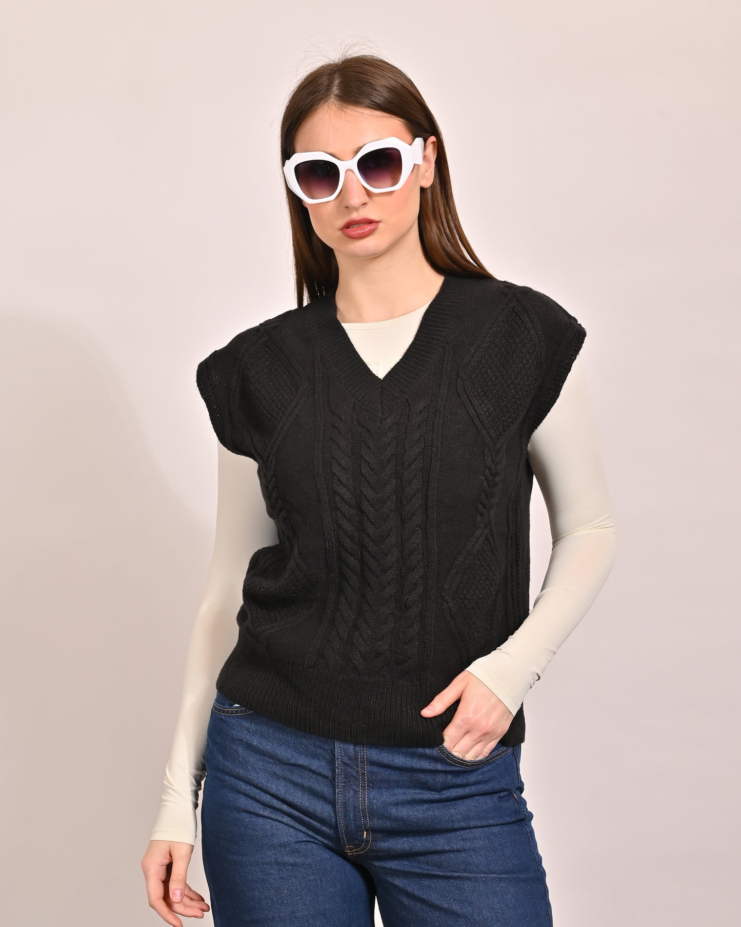 Acrylic Sleeveless with V-Neck and Cable Knit Black Vest Sweater