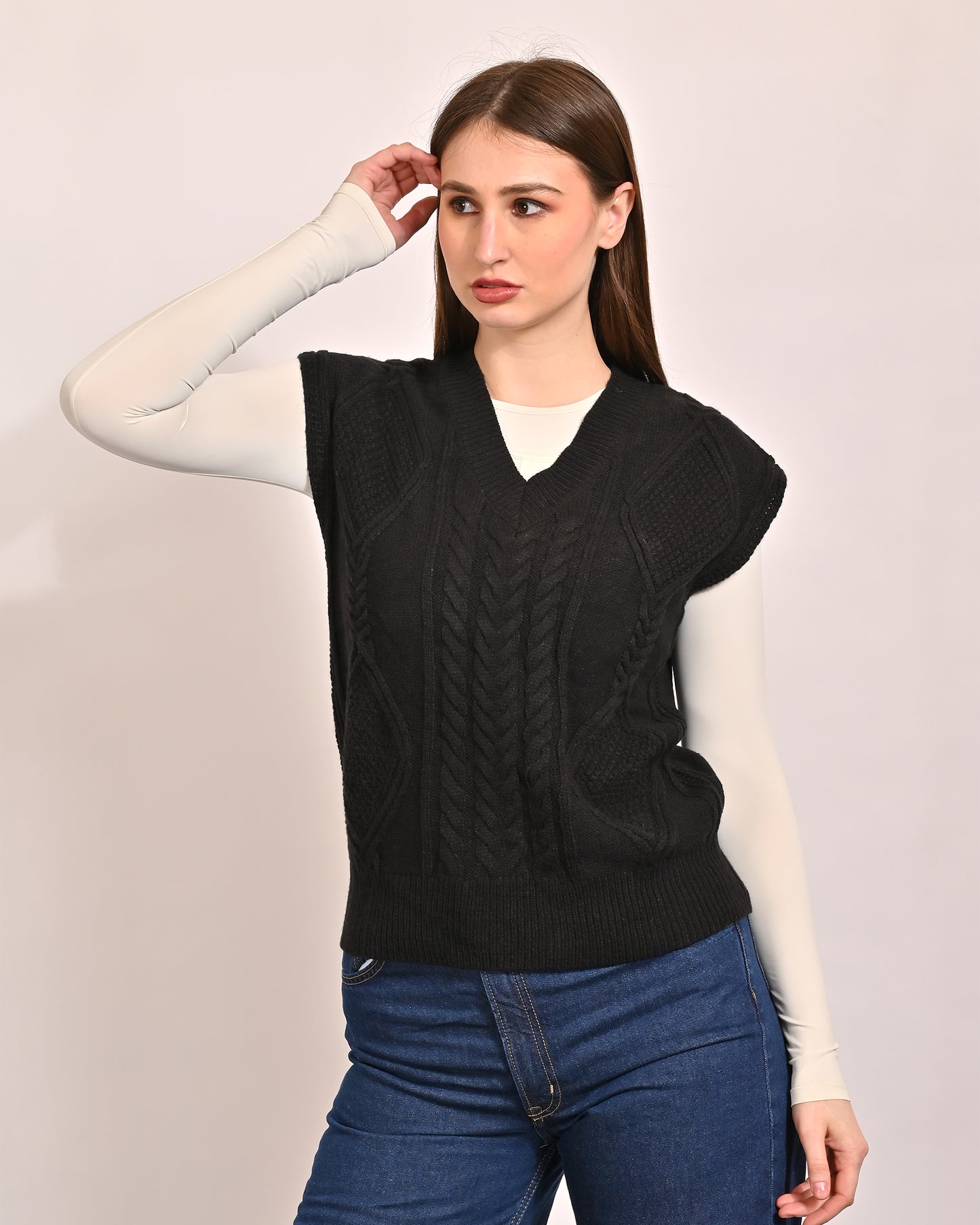 Acrylic Sleeveless with V-Neck and Cable Knit Black Vest Sweater