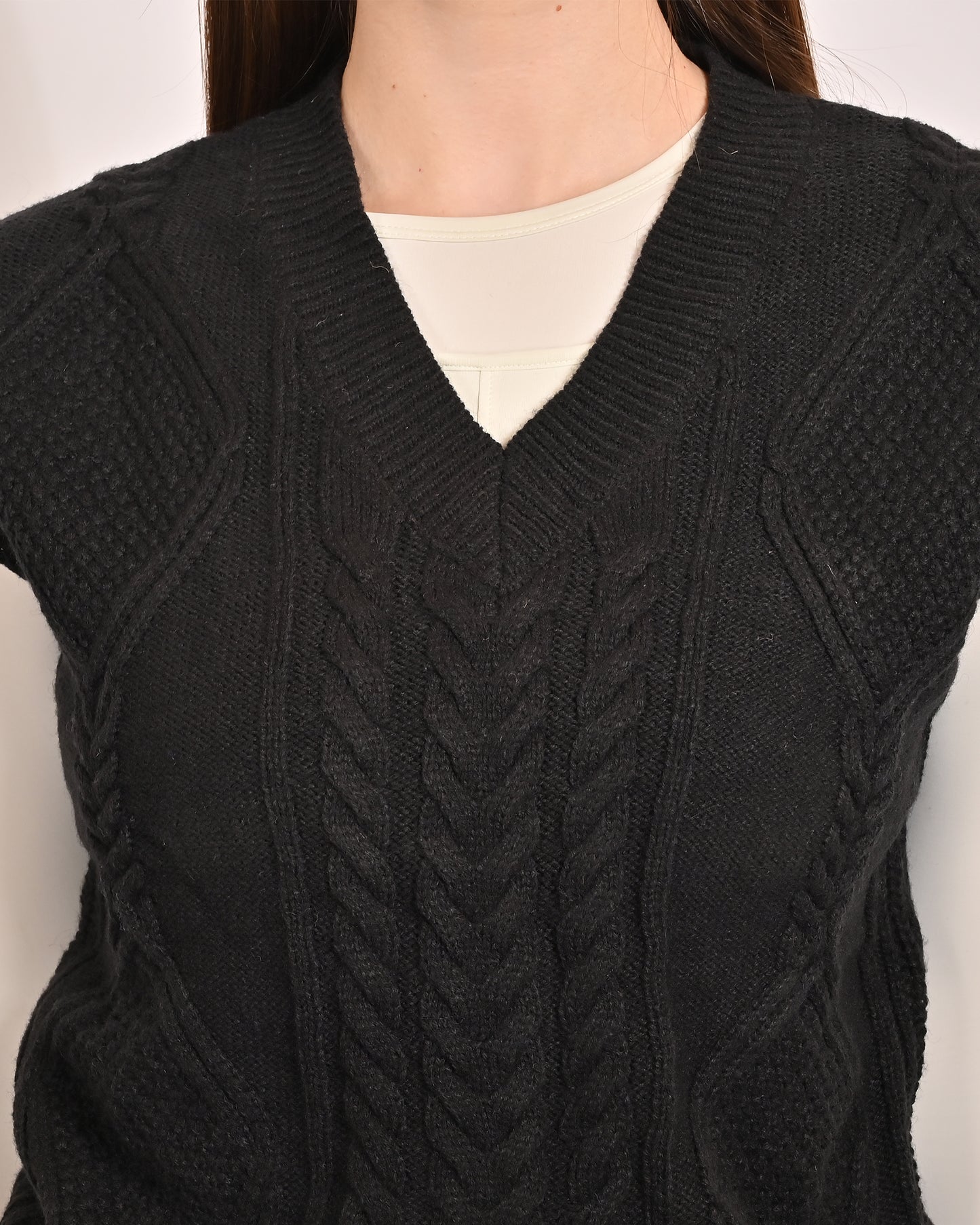 Acrylic Sleeveless with V-Neck and Cable Knit Black Vest Sweater