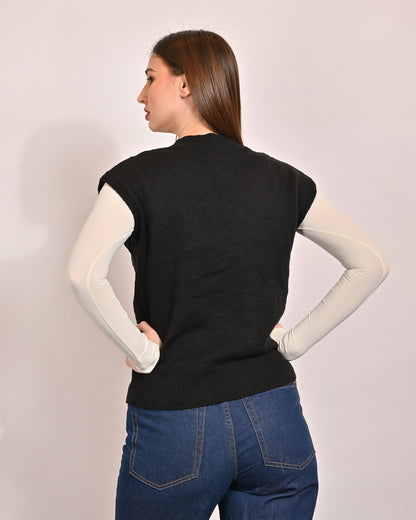 Acrylic Sleeveless with V-Neck and Cable Knit Black Vest Sweater