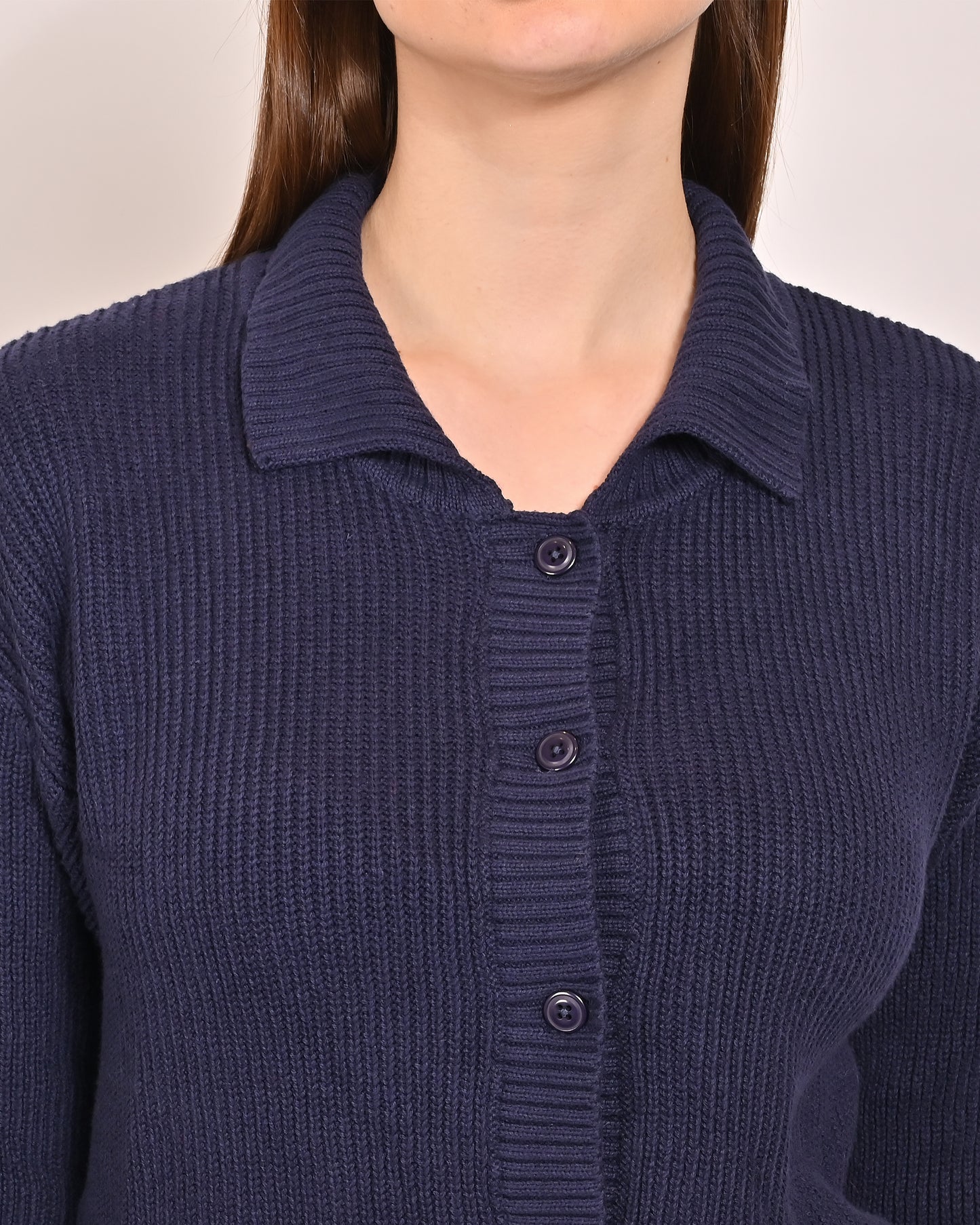 Acrylic Full Sleeve with Shirt Collar Ribbed Blue Cardigan