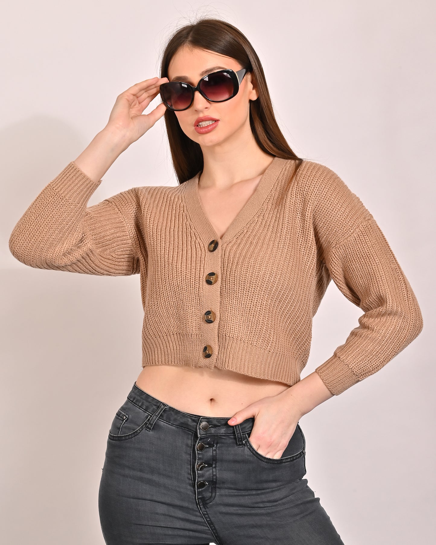 Acrylic Full Sleeve with V-Neck Short Ribbed Beige cardigan