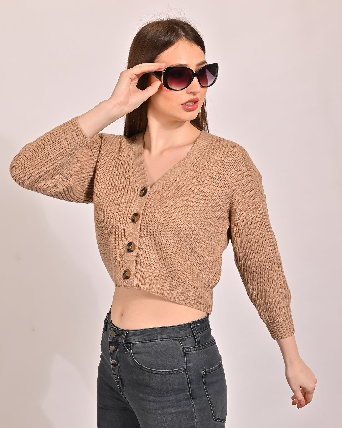 Acrylic Full Sleeve with V-Neck Short Ribbed Beige cardigan