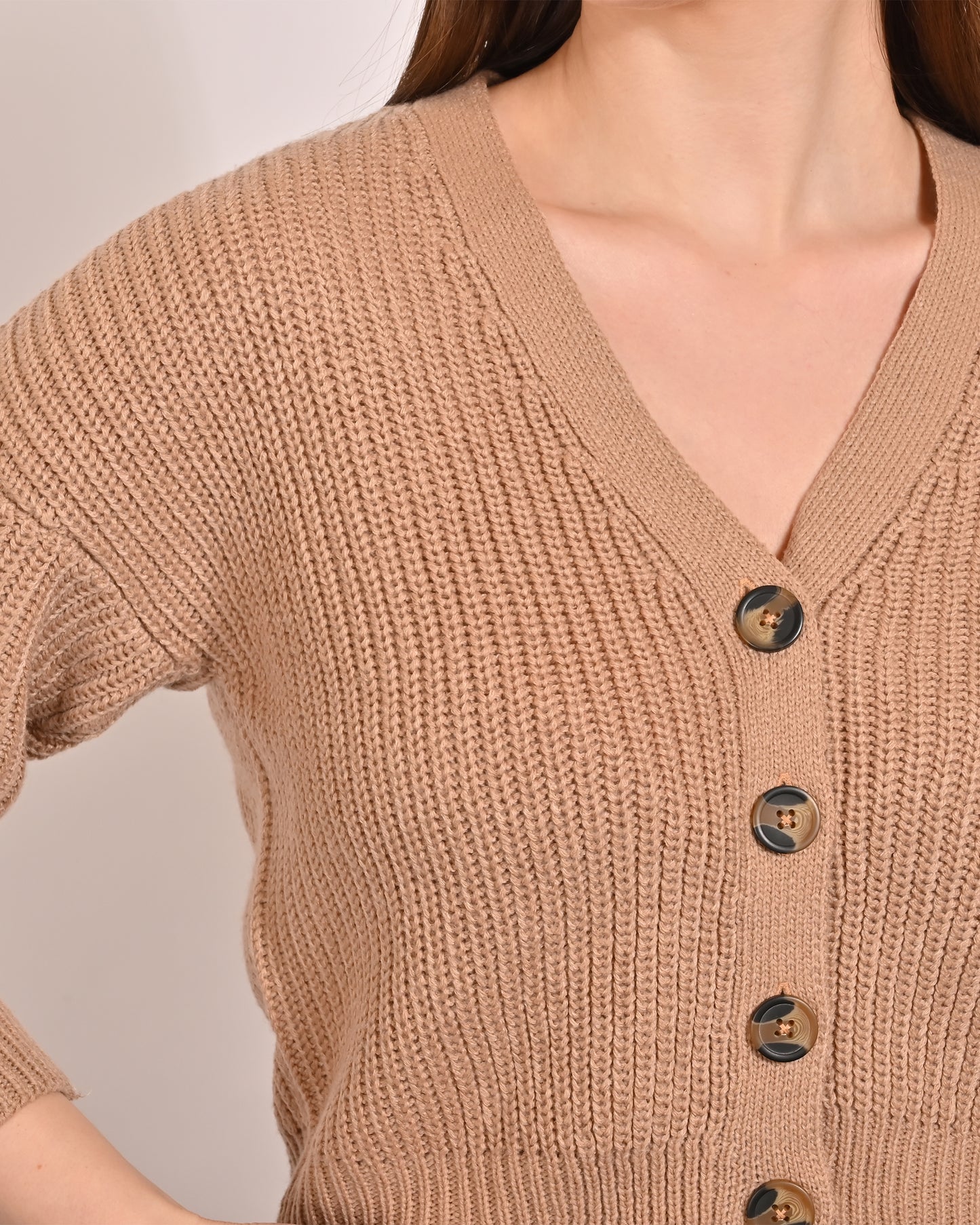 Acrylic Full Sleeve with V-Neck Short Ribbed Beige cardigan