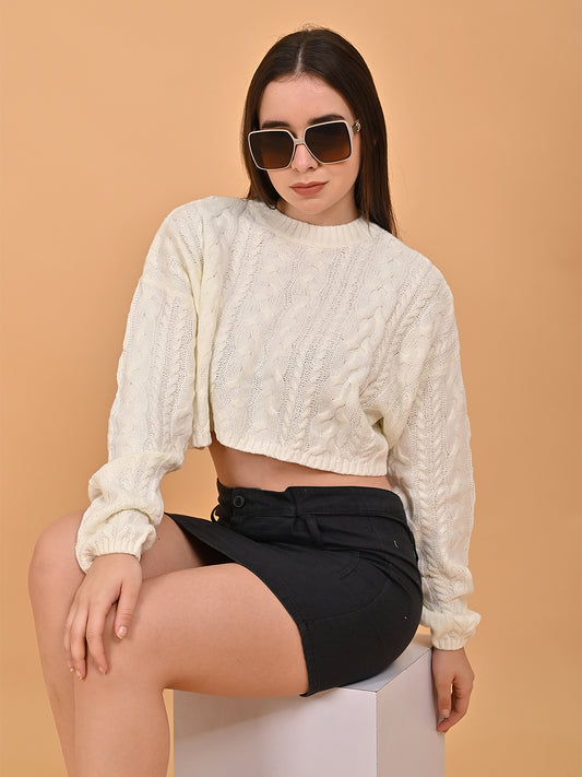 Acrylic Full Sleeve with Turtle Neck Cropped oversized design White Sweater