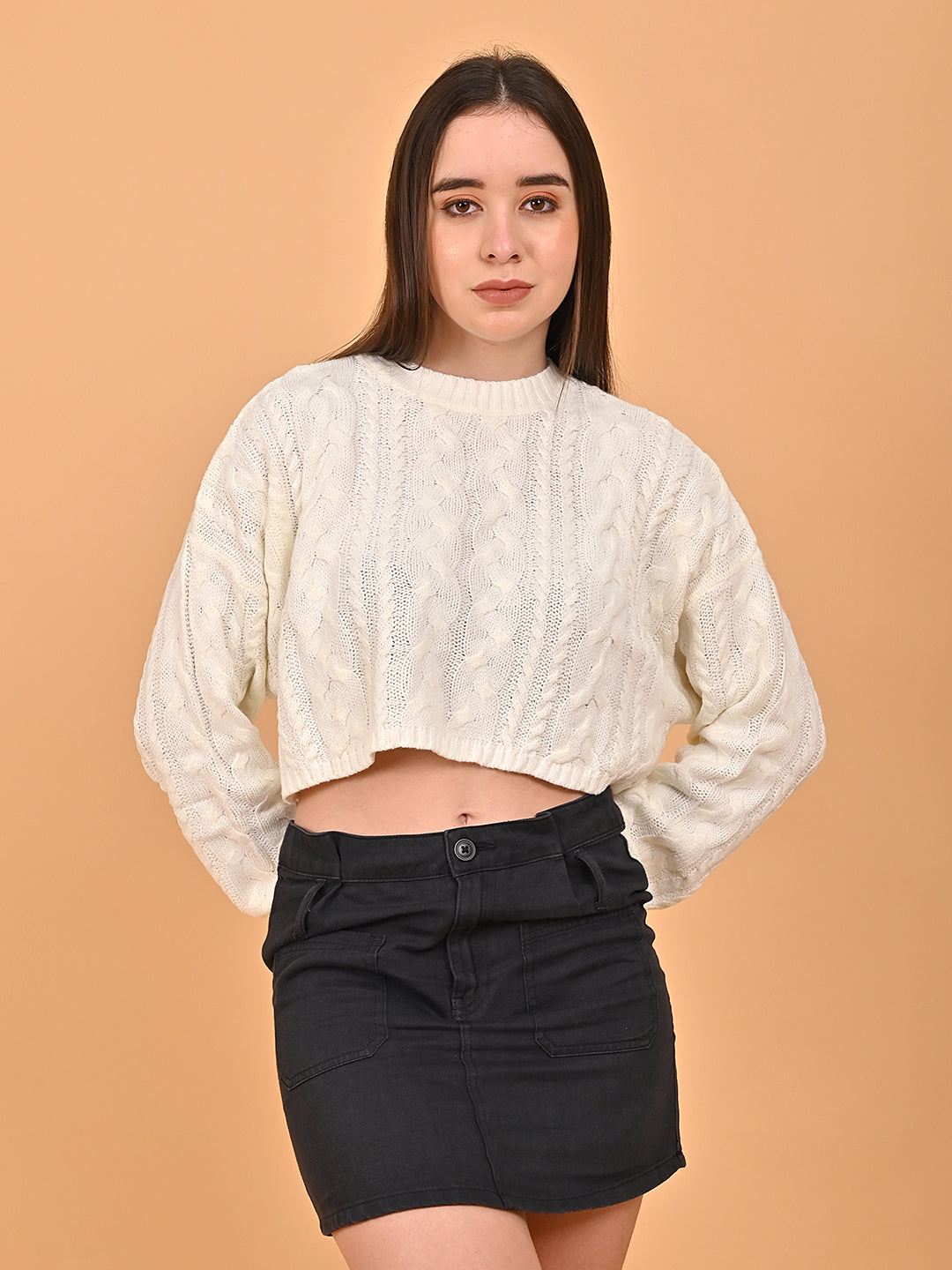 Acrylic Full Sleeve with Turtle Neck Cropped oversized design White Sweater