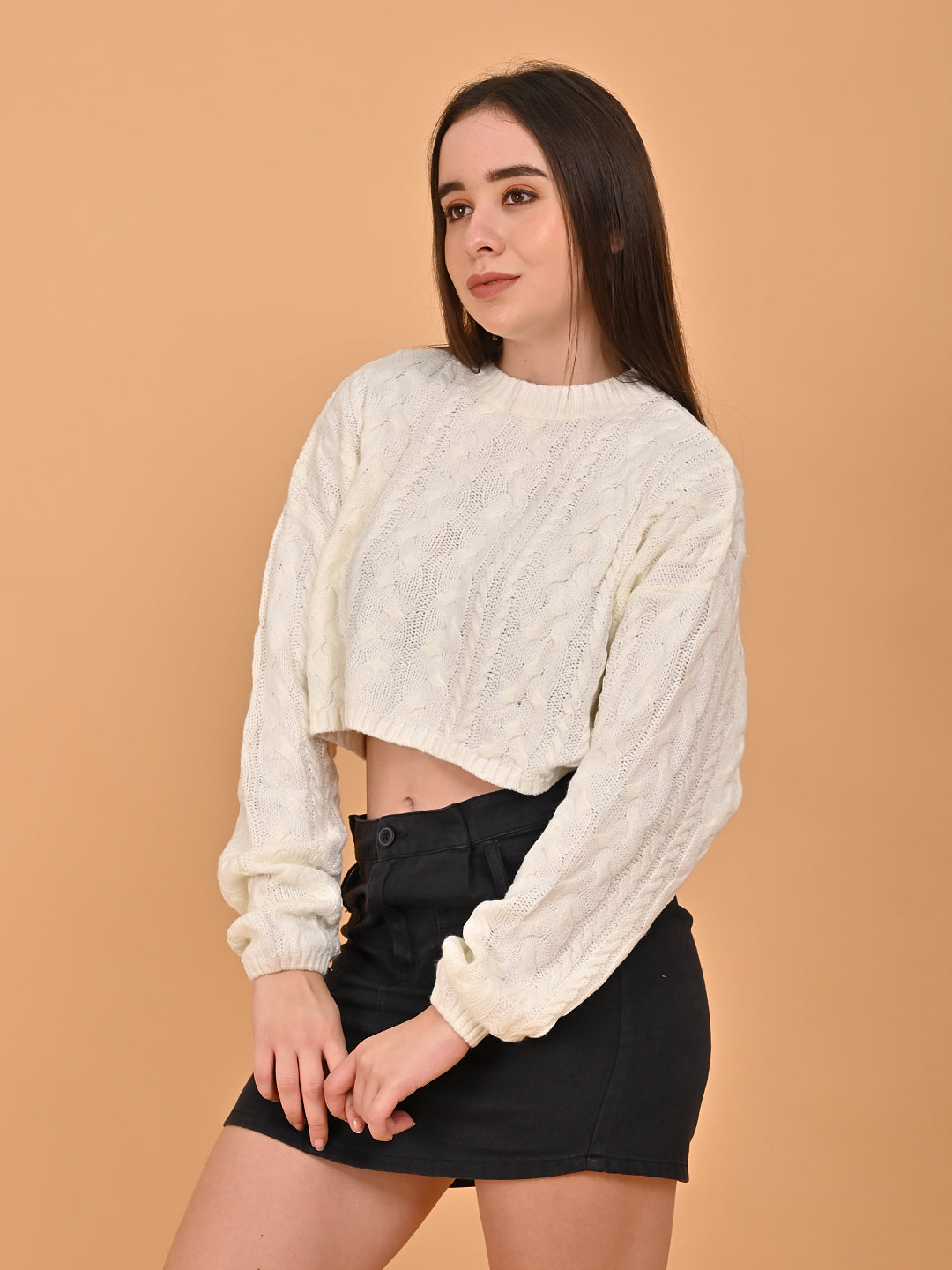 Acrylic Full Sleeve with Turtle Neck Cropped oversized design White Sweater