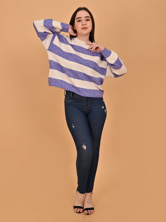 Polyester Crew Neck with Full Sleeve oversized design Stripe wool blend Blue Sweater