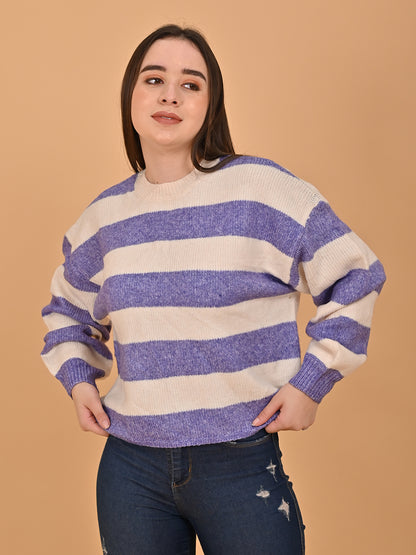 Polyester Crew Neck with Full Sleeve oversized design Stripe wool blend Blue Sweater