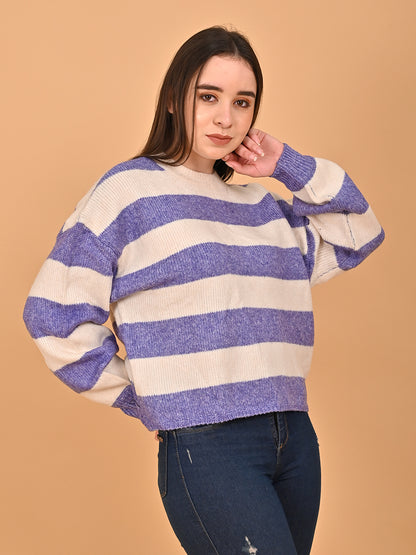 Polyester Crew Neck with Full Sleeve oversized design Stripe wool blend Blue Sweater