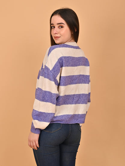 Polyester Crew Neck with Full Sleeve oversized design Stripe wool blend Blue Sweater