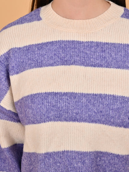 Polyester Crew Neck with Full Sleeve oversized design Stripe wool blend Blue Sweater