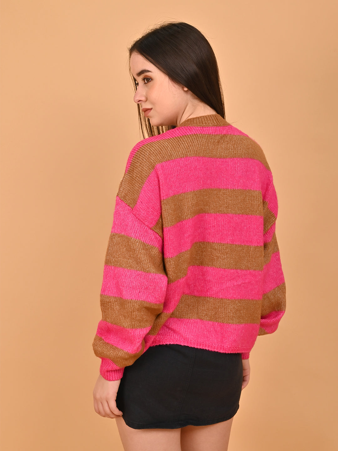 Polyester Crew Neck with Full Sleeve oversized design Stripe wool blend Pink Sweater