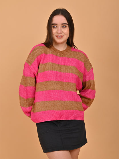 Polyester Crew Neck with Full Sleeve oversized design Stripe wool blend Pink Sweater