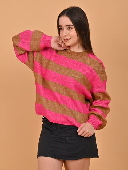 Polyester Crew Neck with Full Sleeve oversized design Stripe wool blend Pink Sweater