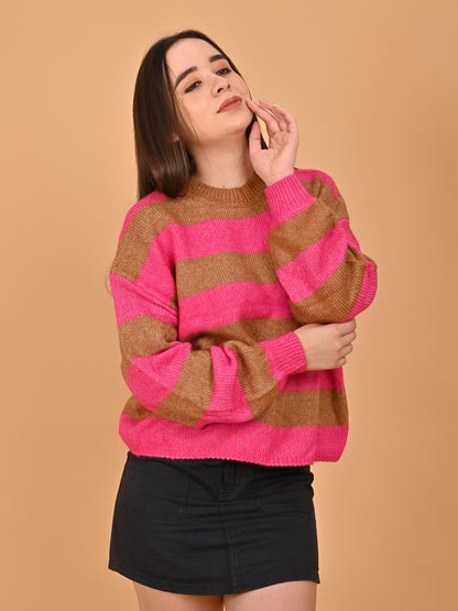 Polyester Crew Neck with Full Sleeve oversized design Stripe wool blend Pink Sweater