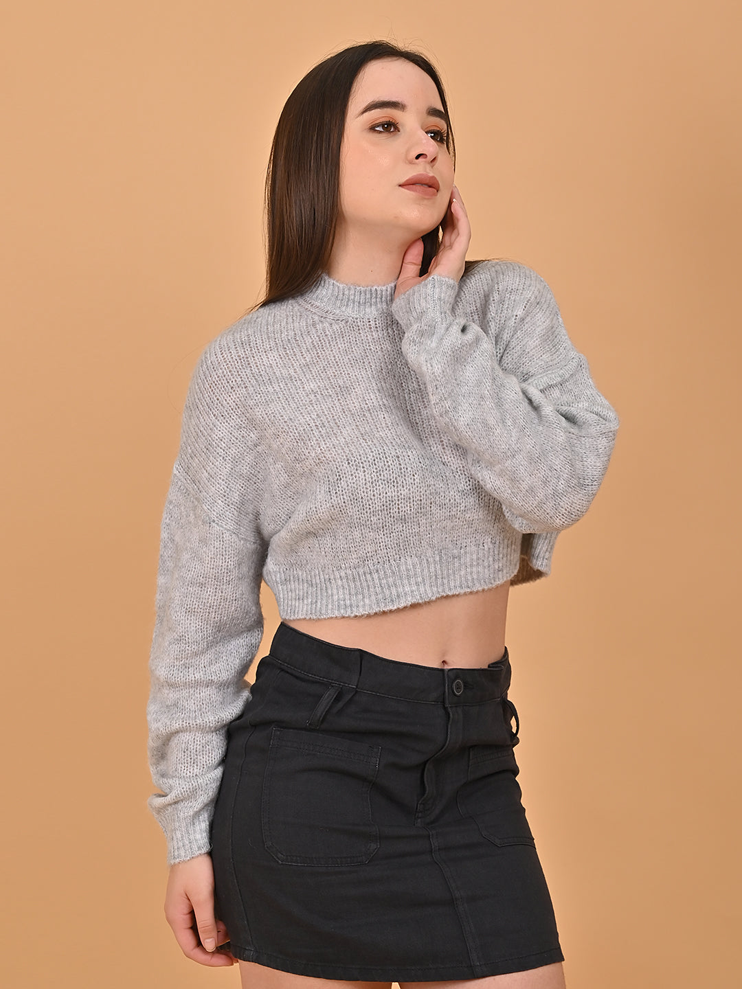 Polyester Full Sleeve with Turtle Neck Grey Sweater