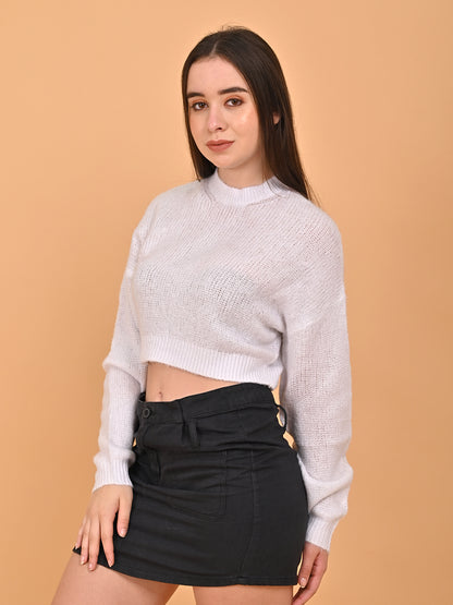 Polyester Full Sleeve with Turtle Neck White Sweater