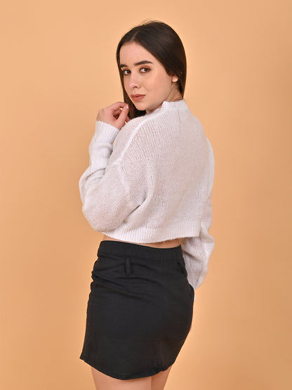 Polyester Full Sleeve with Turtle Neck White Sweater