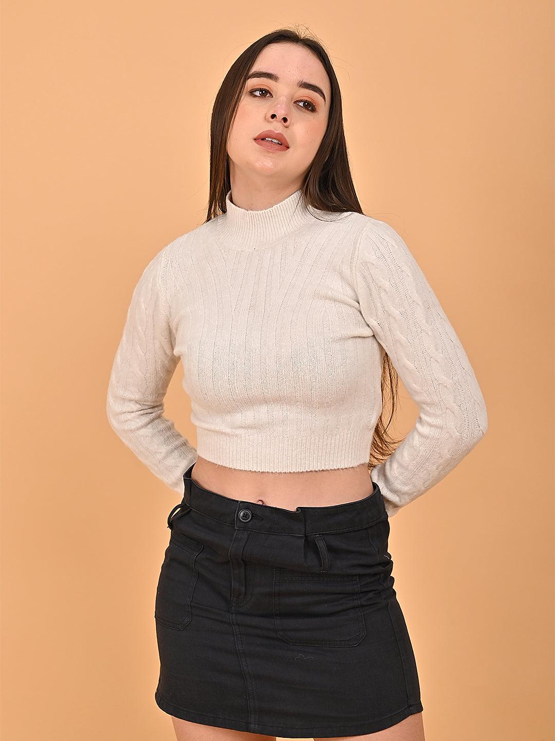 Acrylic Full Sleeve with Turtle Neck Cropped White Sweater