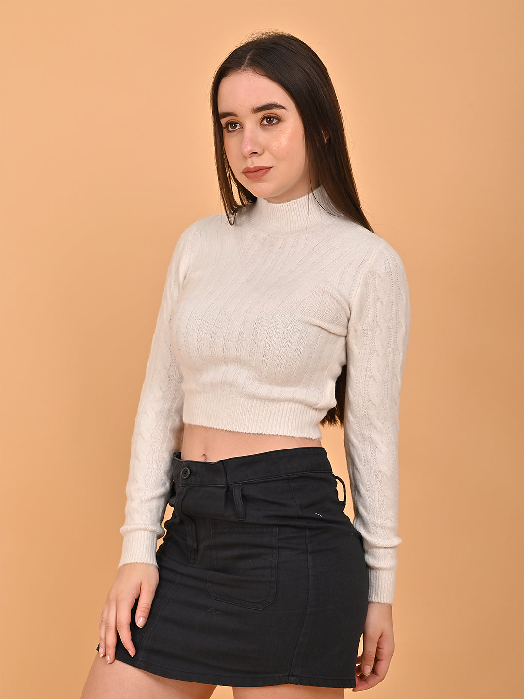 Acrylic Full Sleeve with Turtle Neck Cropped White Sweater