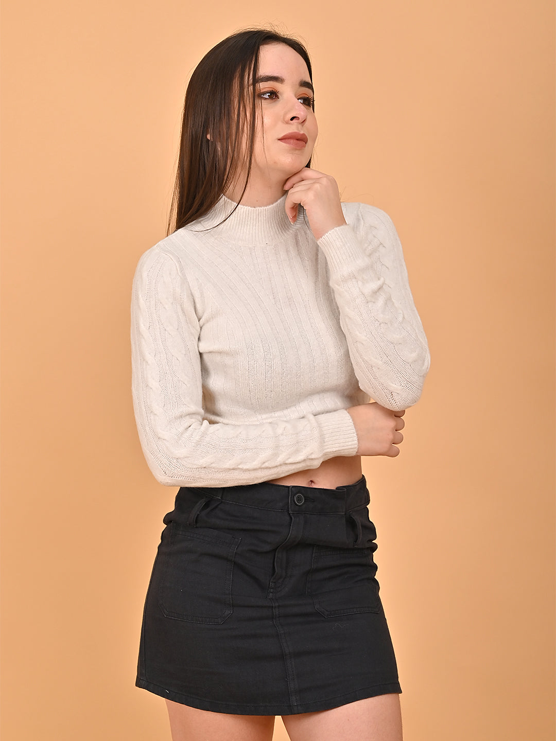 Acrylic Full Sleeve with Turtle Neck Cropped White Sweater