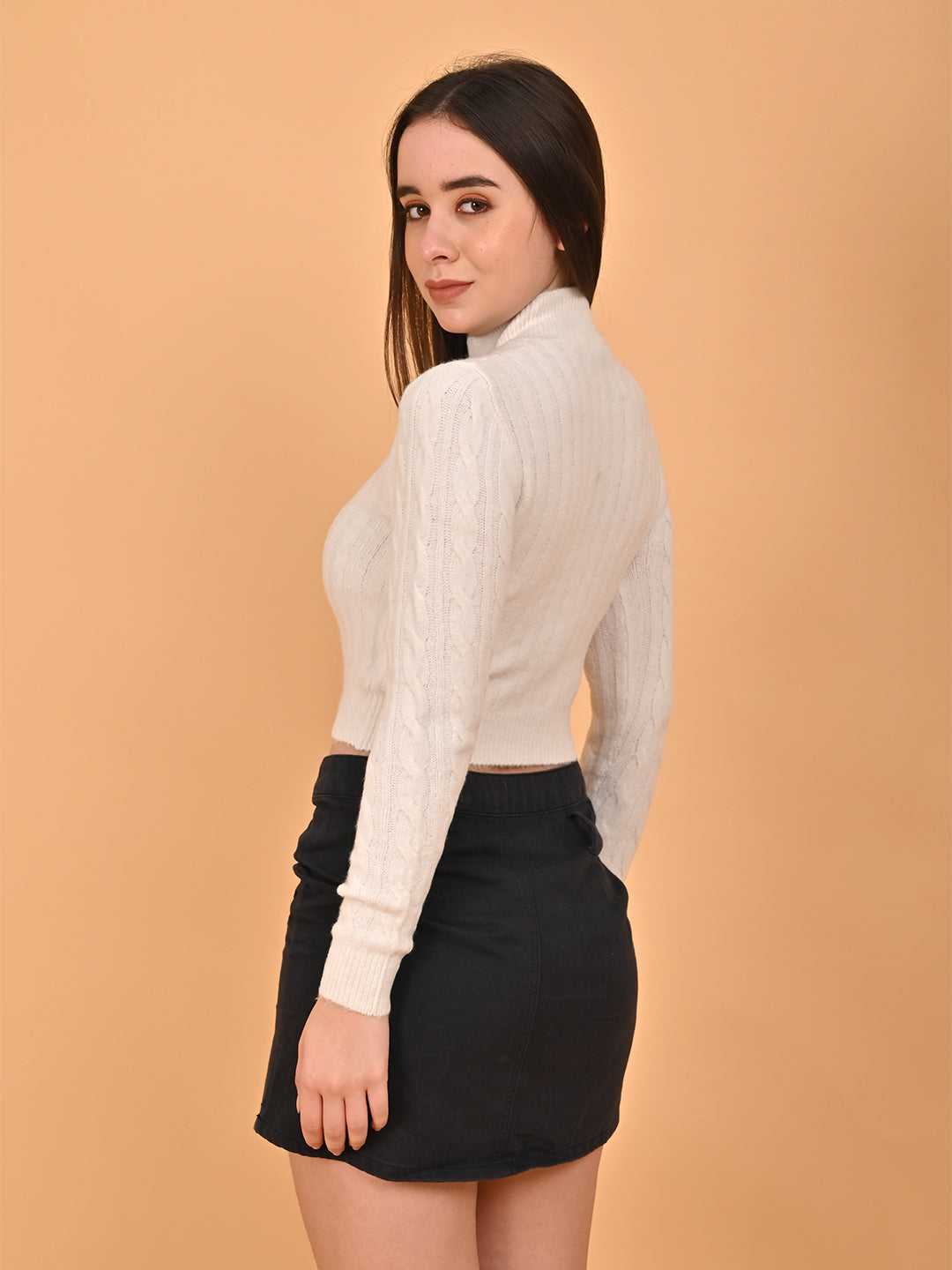 Acrylic Full Sleeve with Turtle Neck Cropped White Sweater