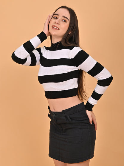 Acrylic Black and white Striped Cropped Black Sweater'Sweatshirt