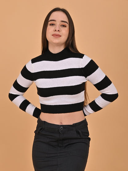 Acrylic Black and white Striped Cropped Black Sweater'Sweatshirt