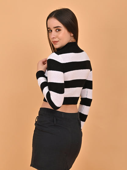 Acrylic Black and white Striped Cropped Black Sweater'Sweatshirt