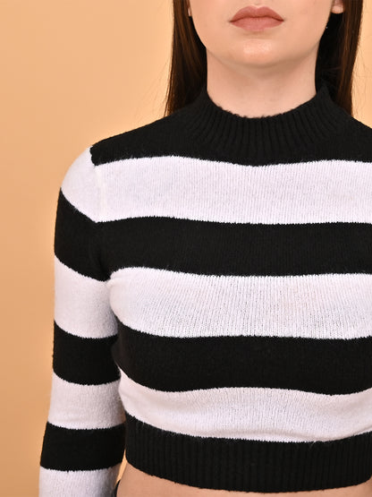 Acrylic Black and white Striped Cropped Black Sweater'Sweatshirt