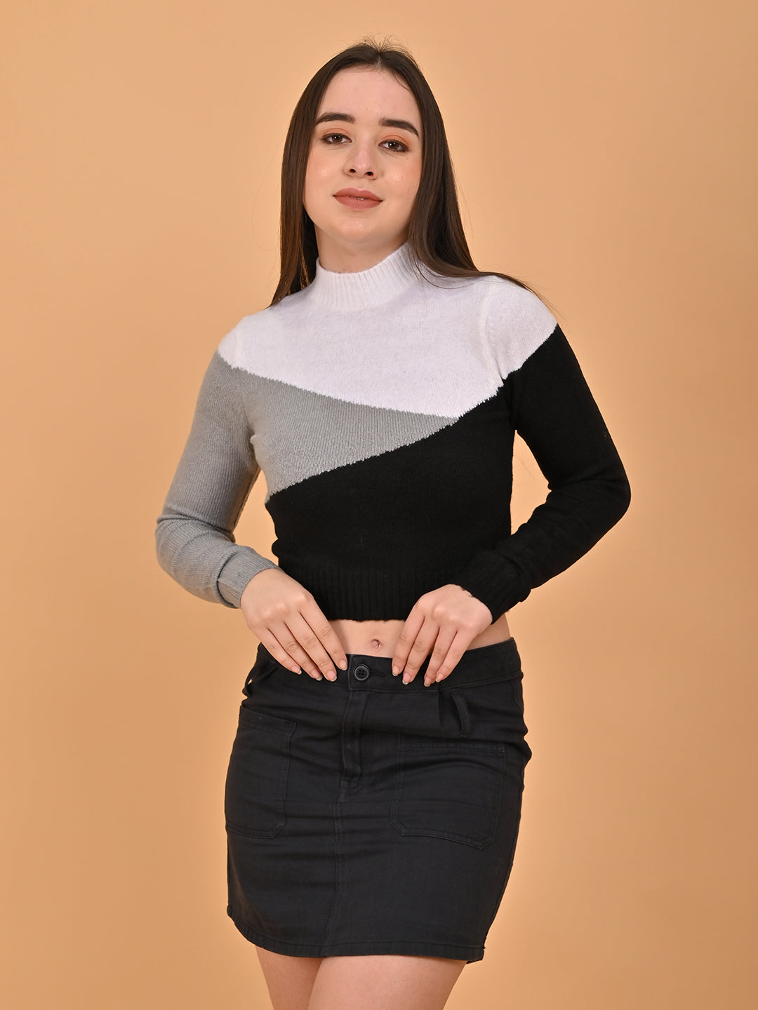 Acrylic Full Sleeve High Neck Color block cropped sweater