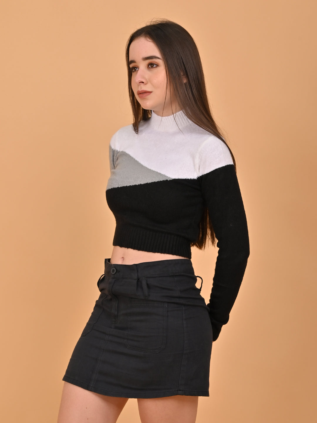 Acrylic Full Sleeve High Neck Color block cropped sweater