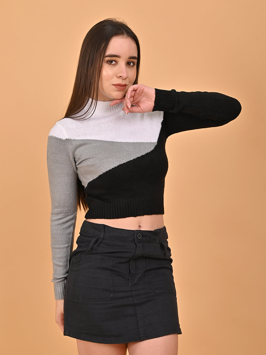 Acrylic Full Sleeve High Neck Color block cropped sweater