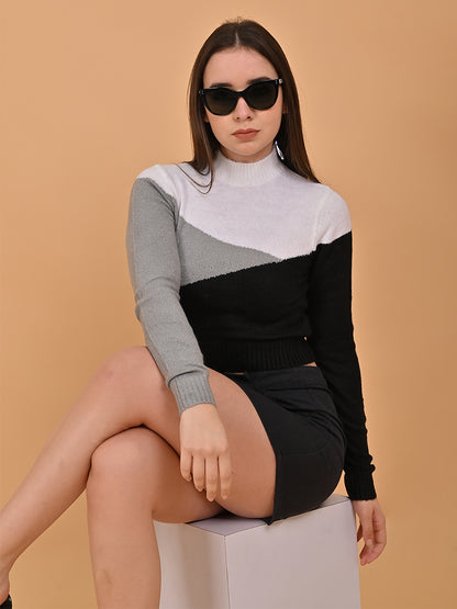 Acrylic Full Sleeve High Neck Color block cropped sweater