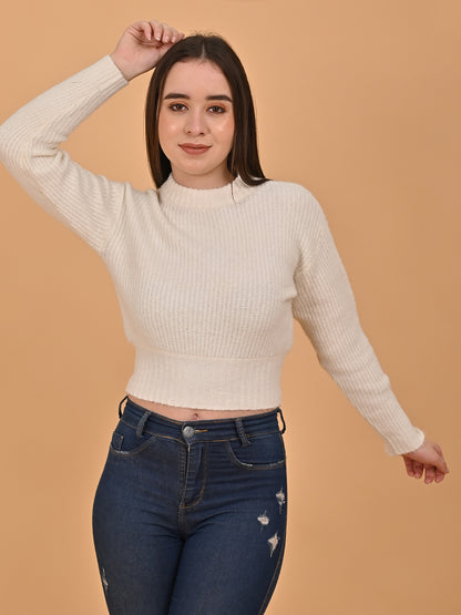 Acrylic Turtle Neck with Full Sleeve white Crop sweater