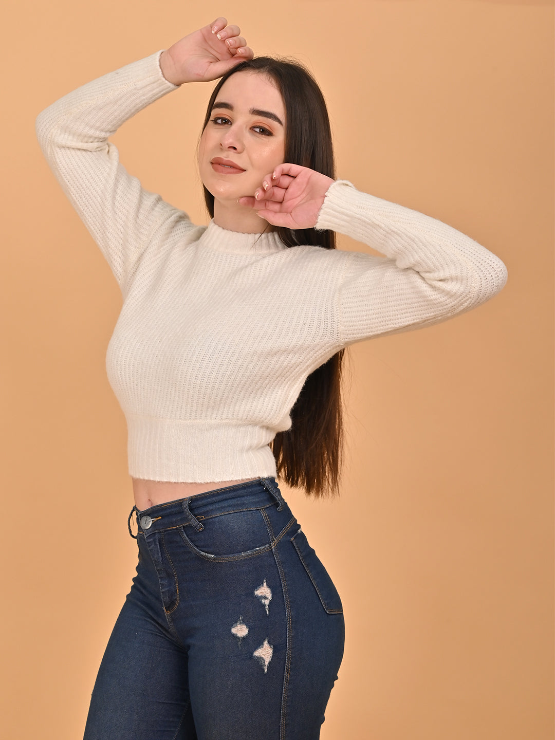 Acrylic Turtle Neck with Full Sleeve white Crop sweater