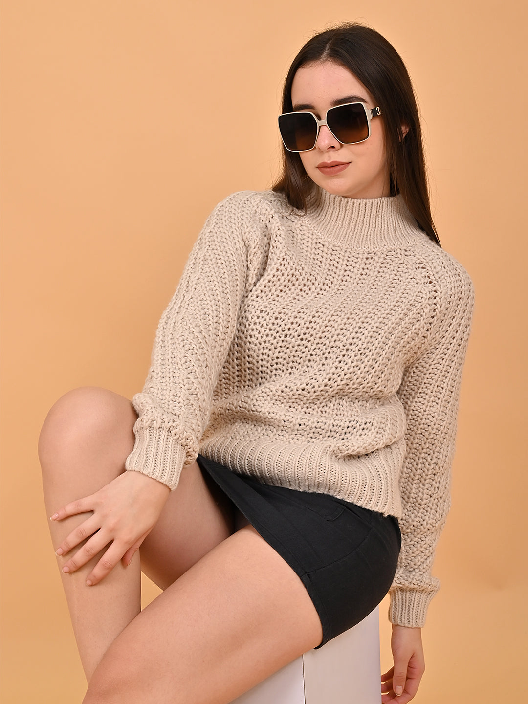 Polyester Full Sleeve with Turtle Neck Beige Sweater